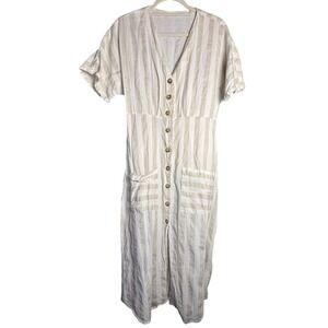 Striped Button Front Linen Look Ivory Bone White Shirt Dress Pockets SMALL/MED